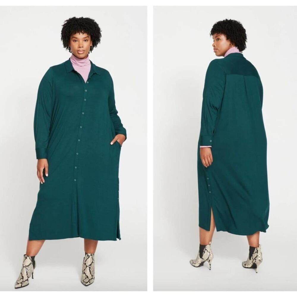 UNIVERSAL STANDARD Sally Liquid Jersey Shirt Dress Forest Green {3C13}